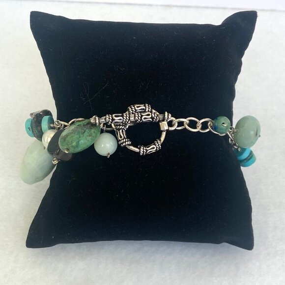 Sterling Silver 925 Beaded Multistone Turquoise Cable Chain Charm Bracelet 7.5" - Picture 5 of 16